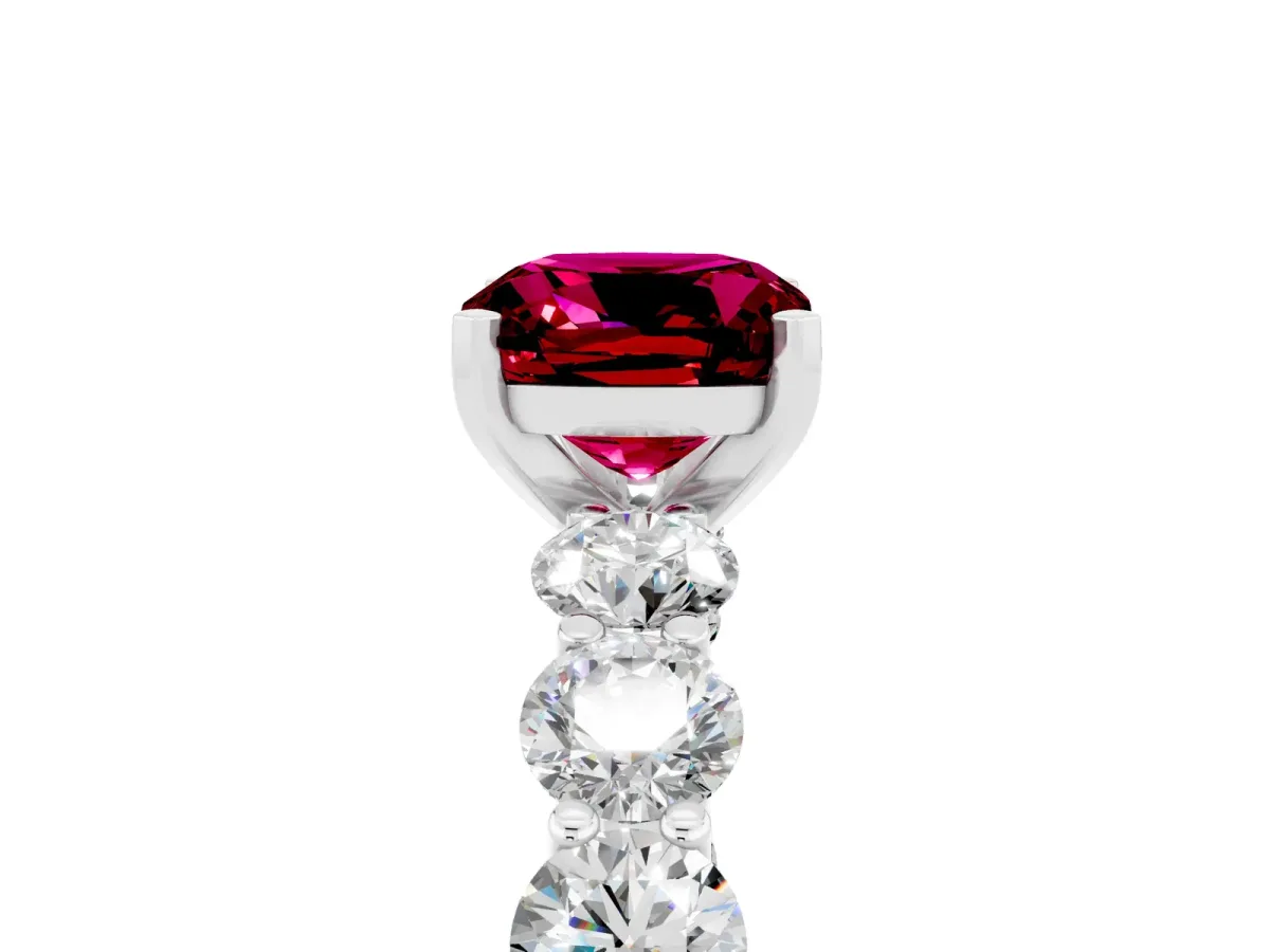 Cushion Cut Garnet Prong Setting with Side Stones on a Pave Band Platinum
