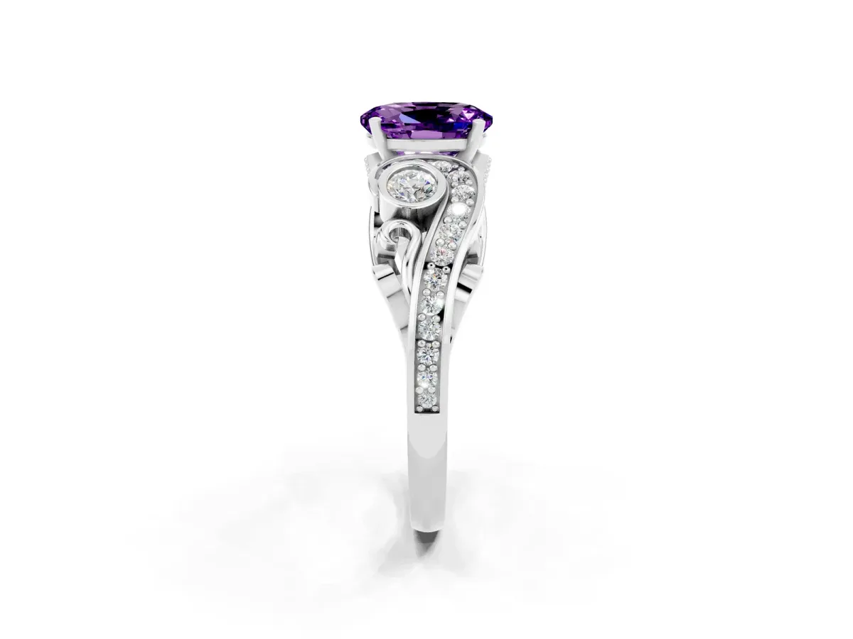 Oval Cut Amethyst Solitaire Ring with Milgrain Pavé Band and Four-Prong Setting Silver