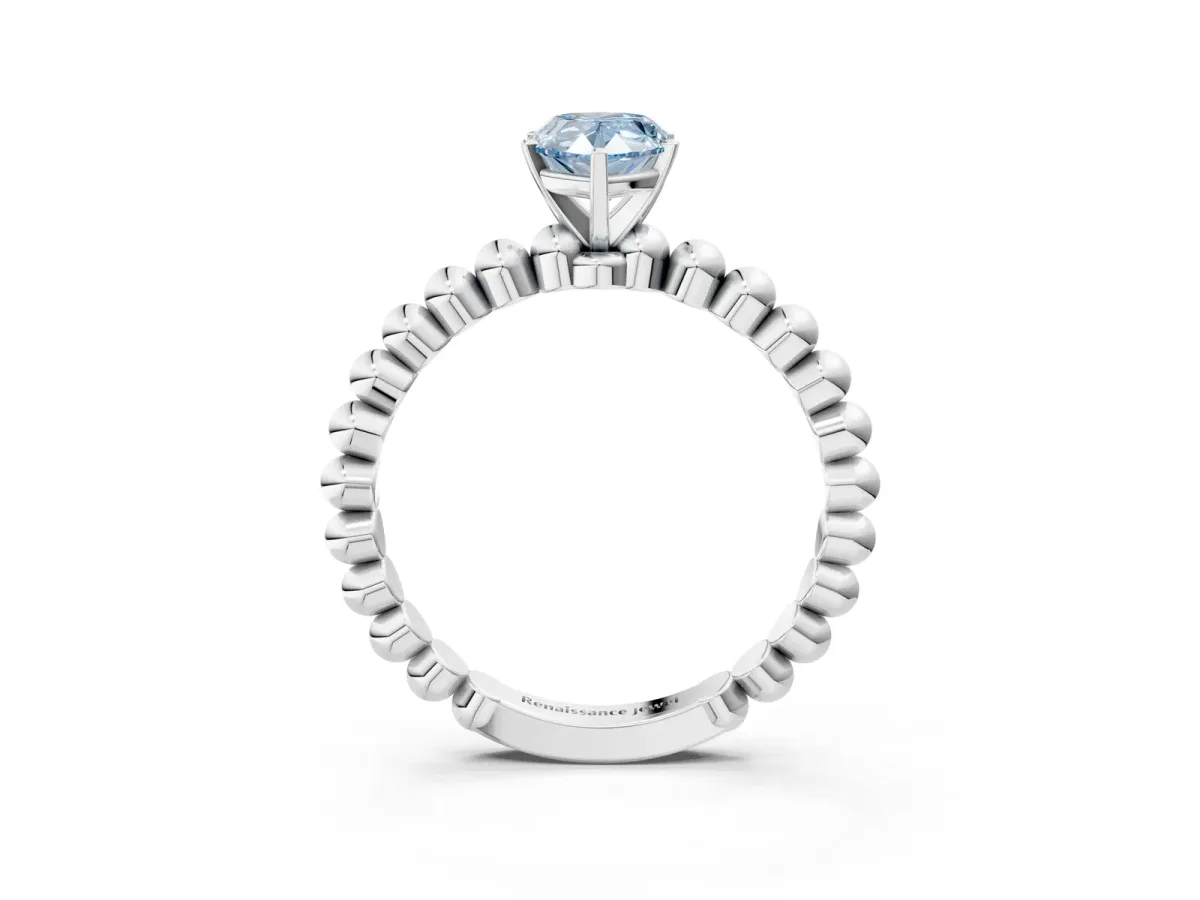 Fancy Blue Pear Cut Diamond Solitaire Ring with Beaded Band and Prong Setting Silver