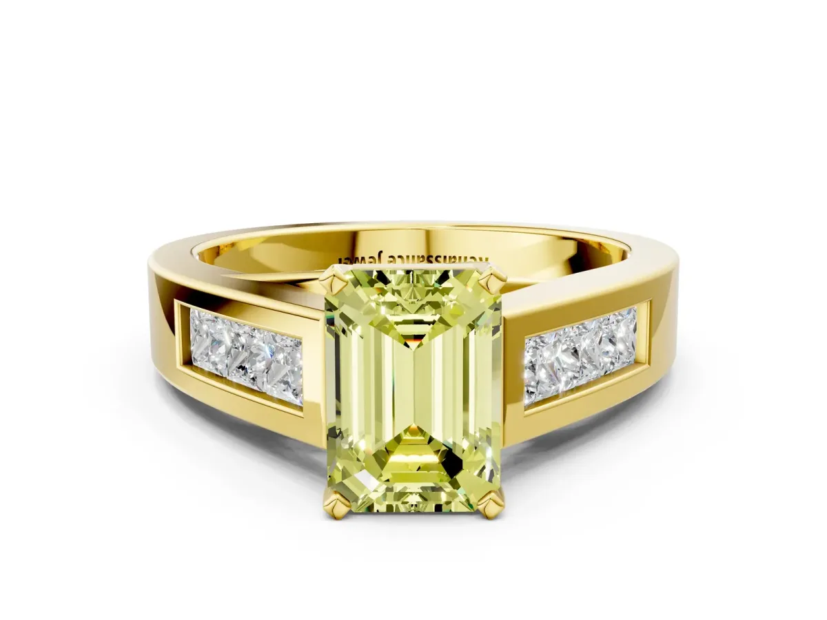 Fancy Yellow Emerald Cut Cut Channel Set Solitaire Ring with Four-Prong Setting Yellow gold