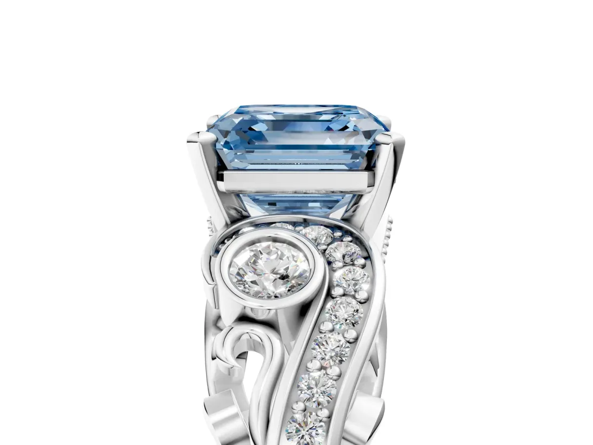 Fancy Blue Asscher Cut Diamond Solitaire Ring with Milgrain Pavé Band and Four-Prong Setting Silver