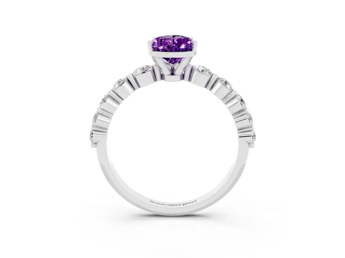 Pear Cut Solitaire Amethyst Ring with Pave Band and Four-Prong Setting Silver