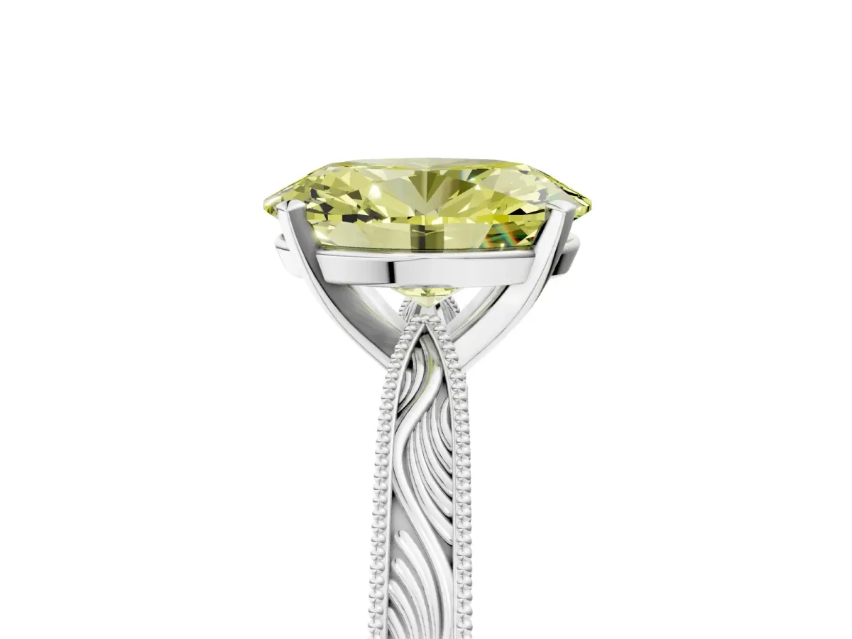 Fancy Yellow Oval Cut Solitaire Milgrain Engraved Band with Four-Prong Setting White gold