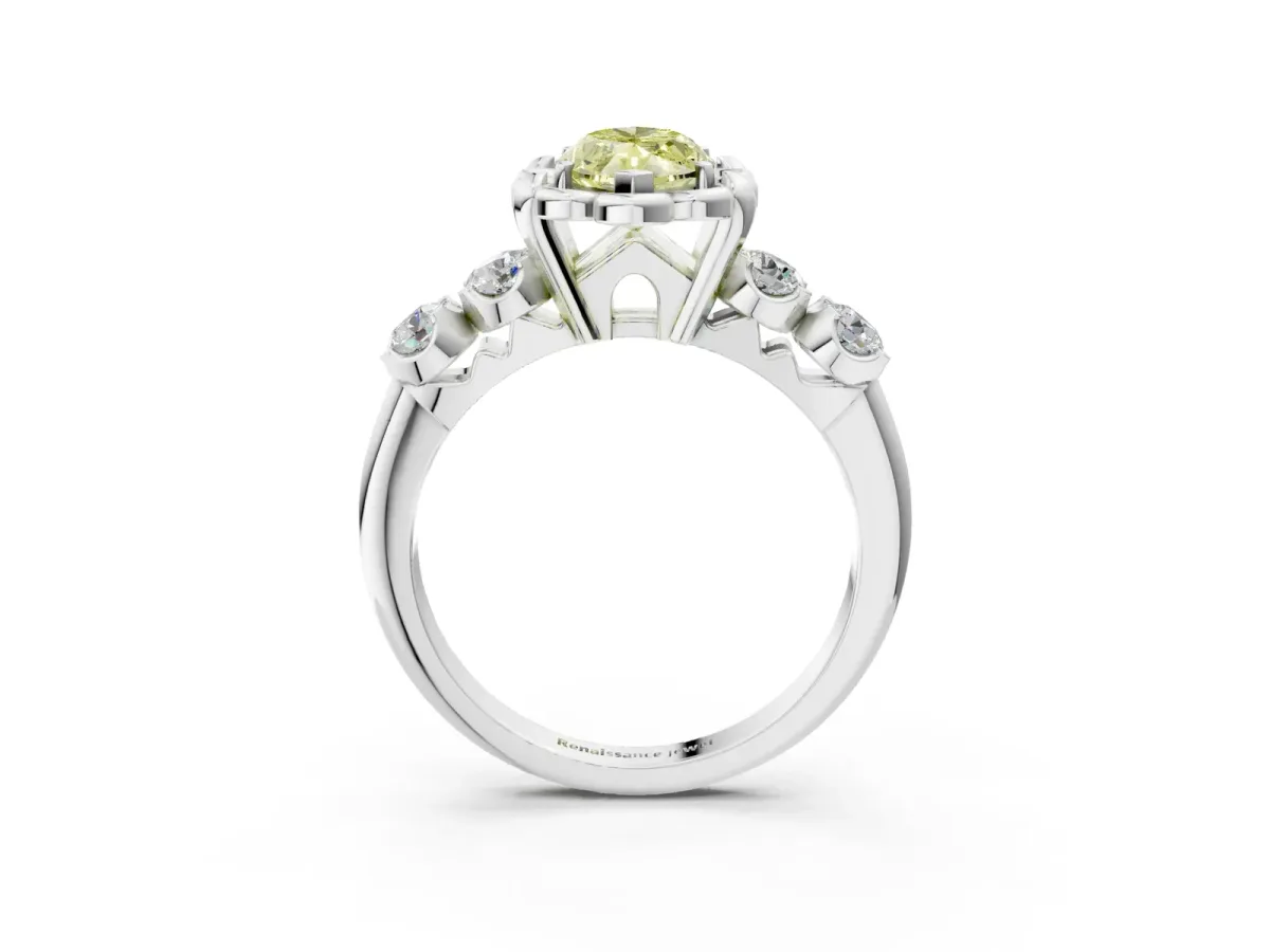Fancy Yellow Marquise Cut Cut Diamond Floral Halo Engagement Ring with Shared Prong Setting Silver