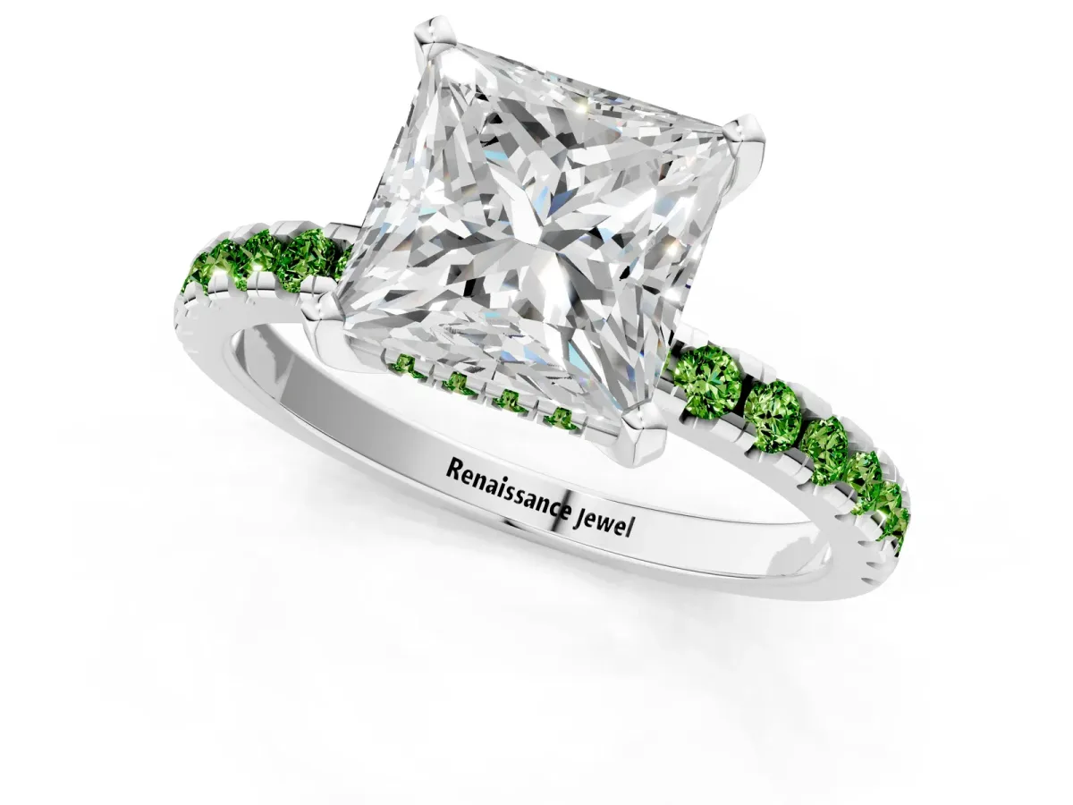 Princess Cut Diamond Solitaire Ring with Round Peridot Pavé Band and Four-Prong Setting Silver