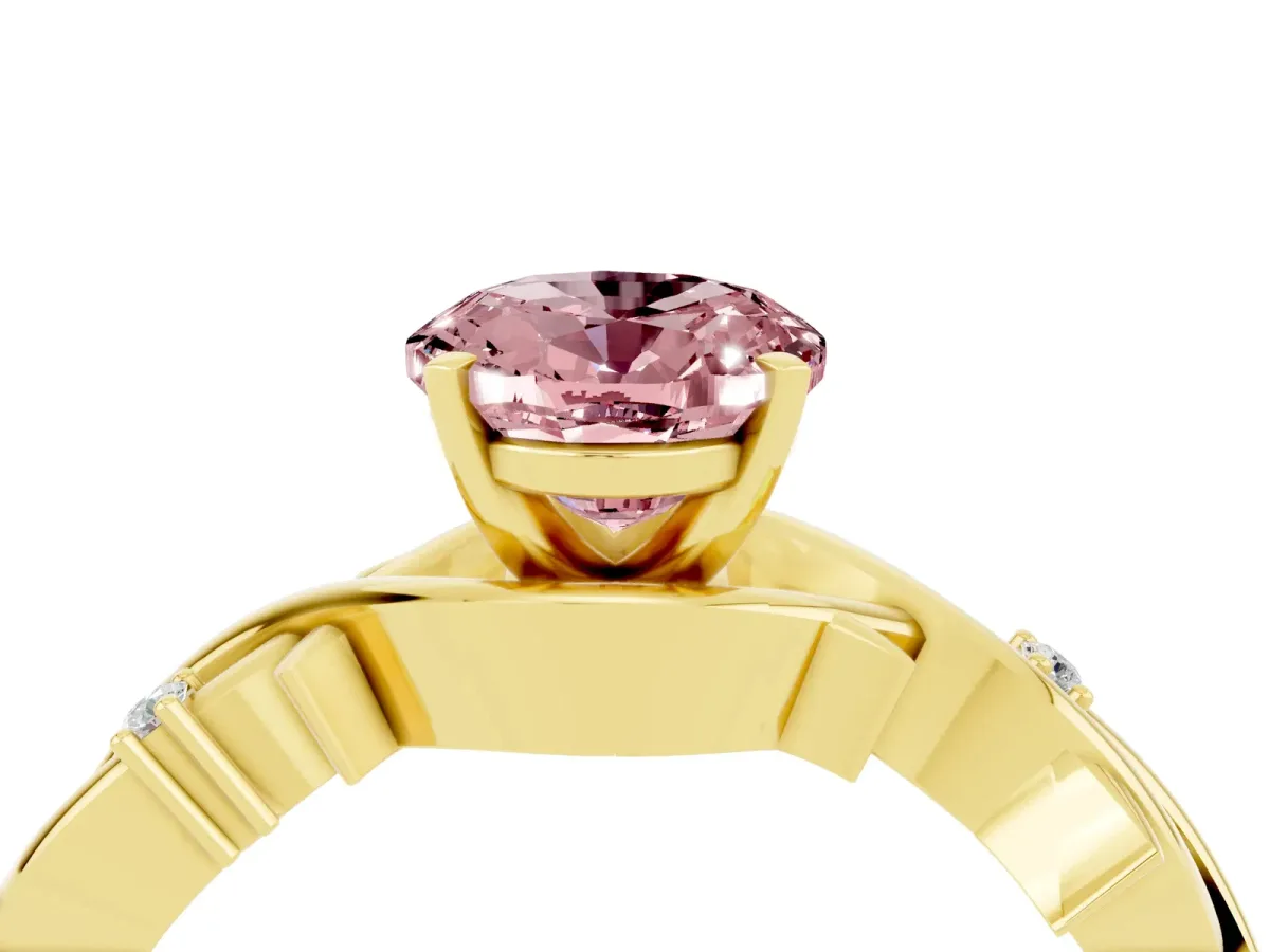 Oval Cut Morganite Solitaire Ring with Twisted Band and Prong Setting Yellow gold