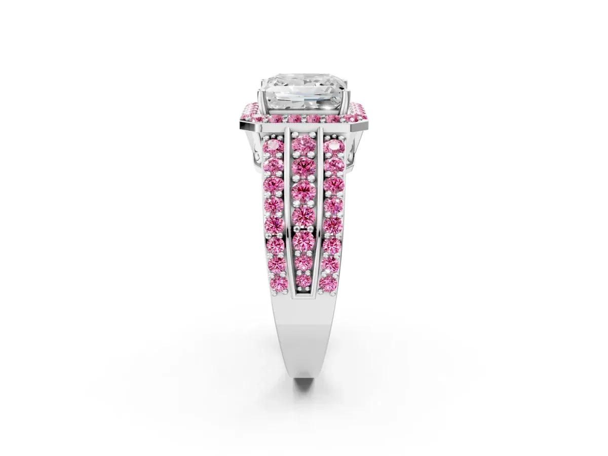 Princess Cut Halo Diamond Ring with Round Pink Sapphire Split Shank and Prong Setting Silver