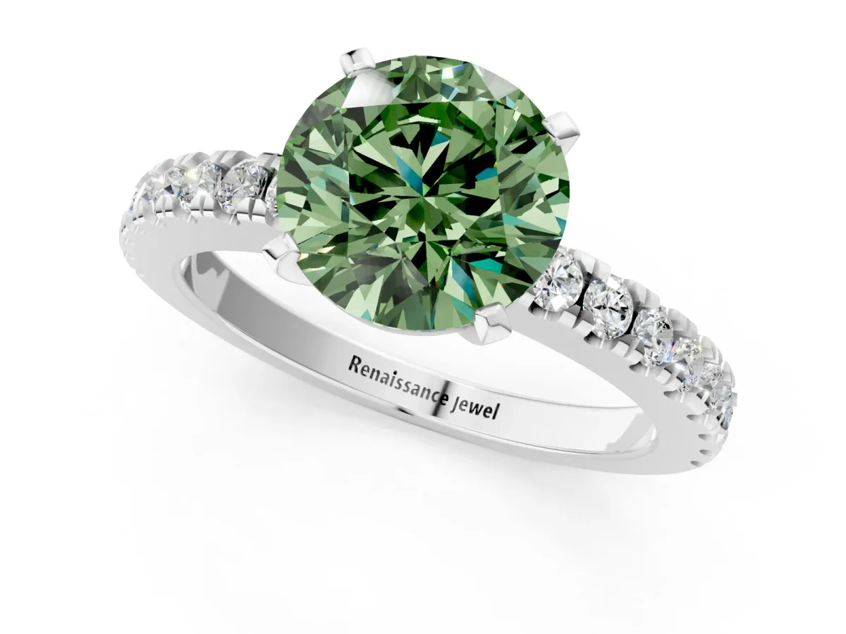 Fancy Green Round Cut Solitaire Diamond with Pavé Band and Four-Prong Setting Silver