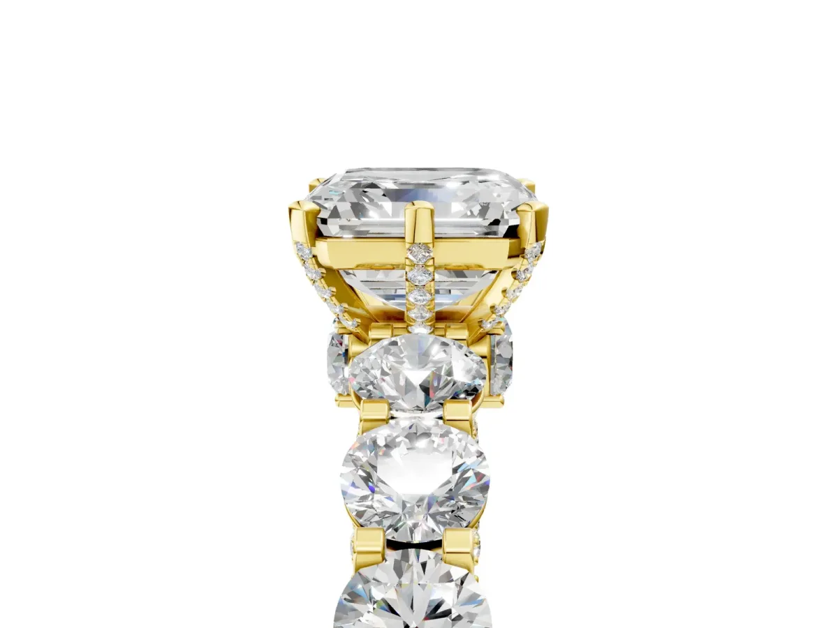 Asscher Cut Diamond Side Stone Engagement Ring with Four-Prong Setting Yellow gold