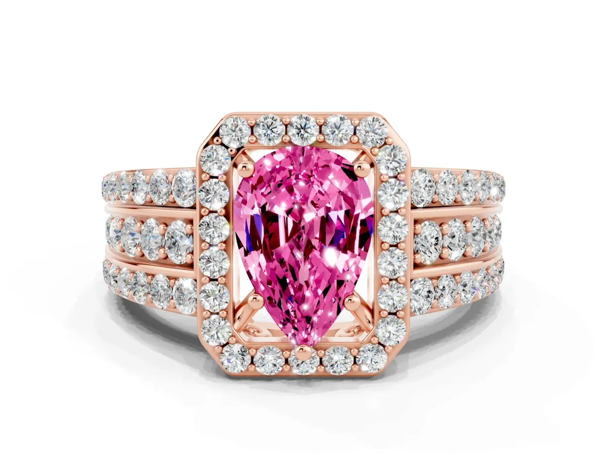 Pear Cut Halo Pink Sapphire Ring with Round Split Shank and Prong Setting Rose gold