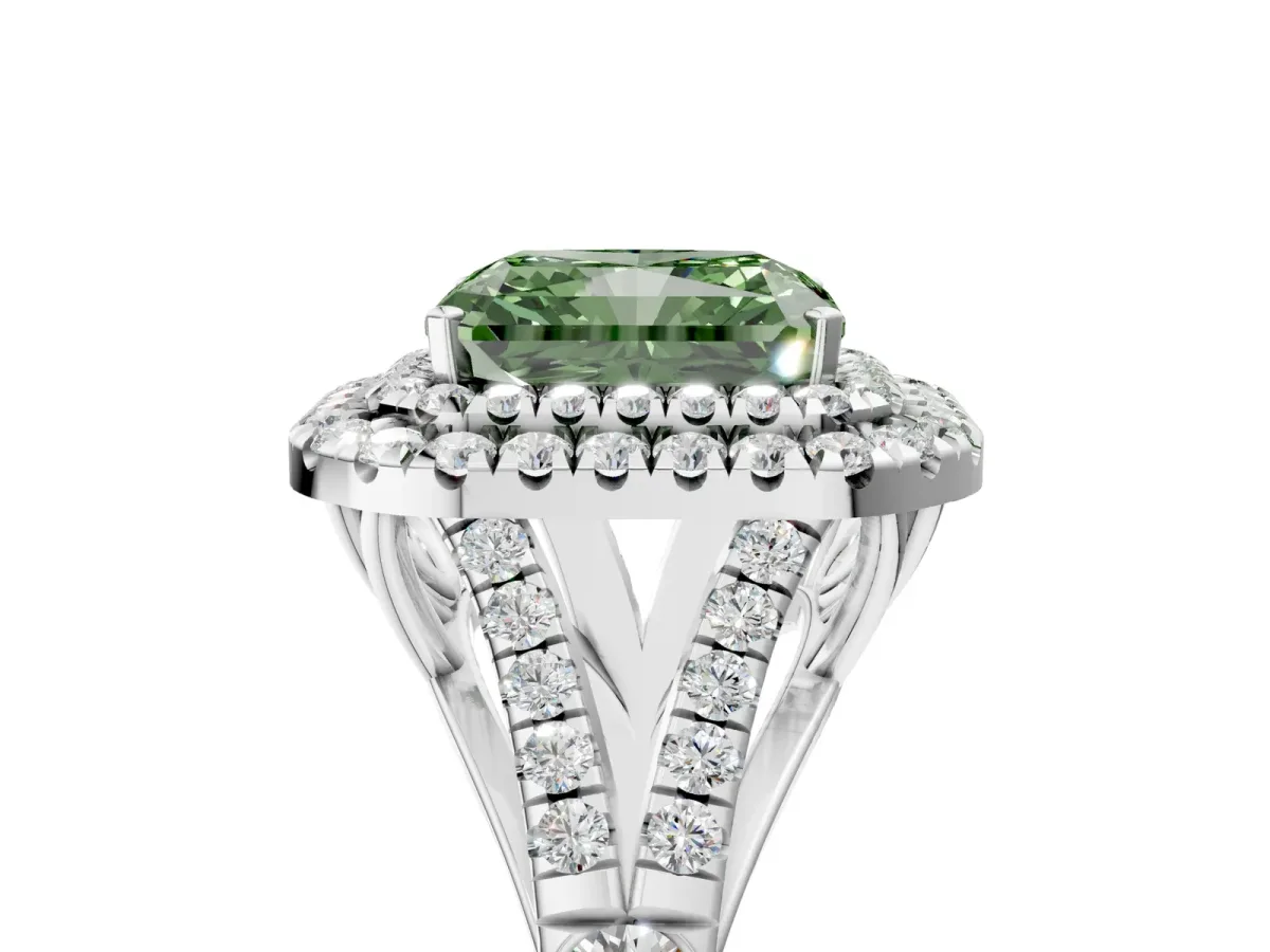 Fancy Green Radiant Cut Cut Double Halo Split Shank Diamond Ring with Prong Setting Platinum