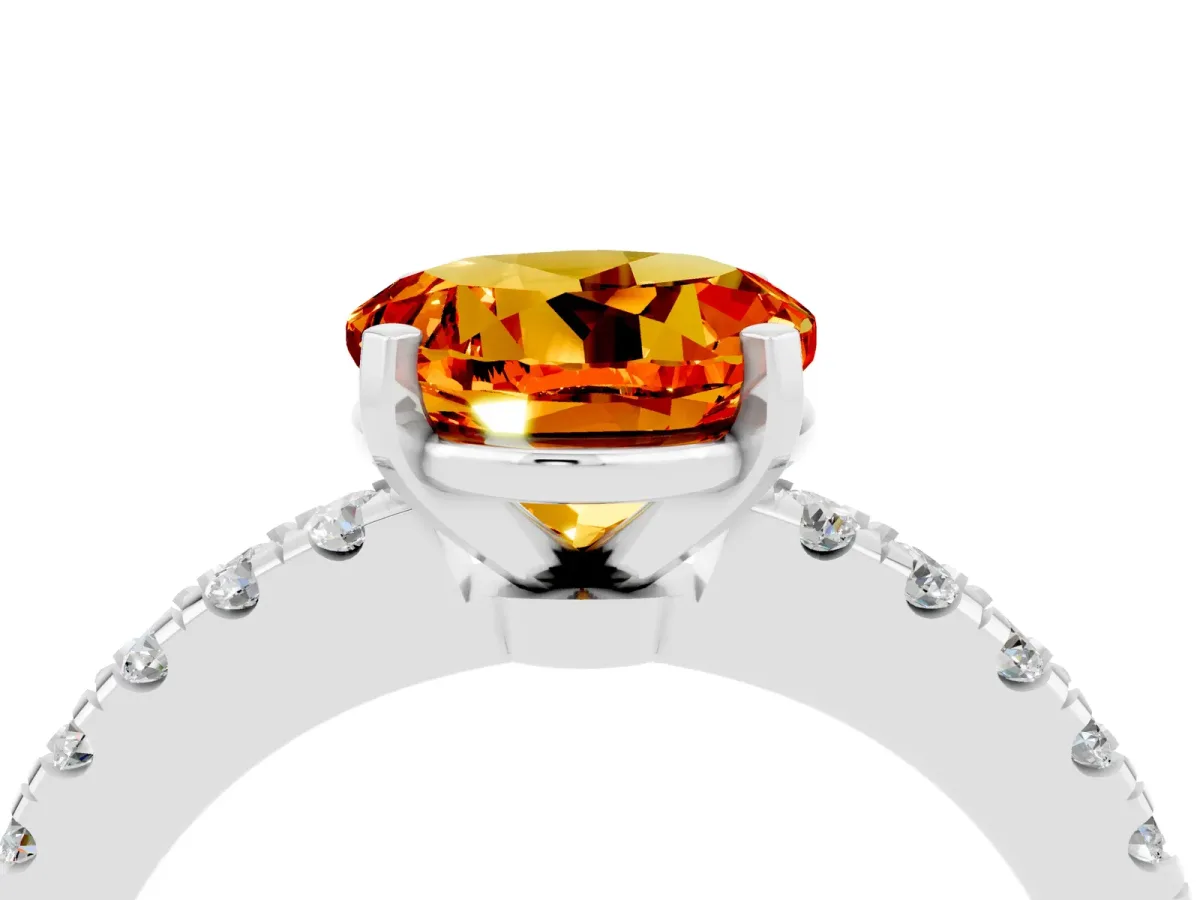 Round Cut Solitaire Citrine with Pavé Band and Four-Prong Setting Platinum