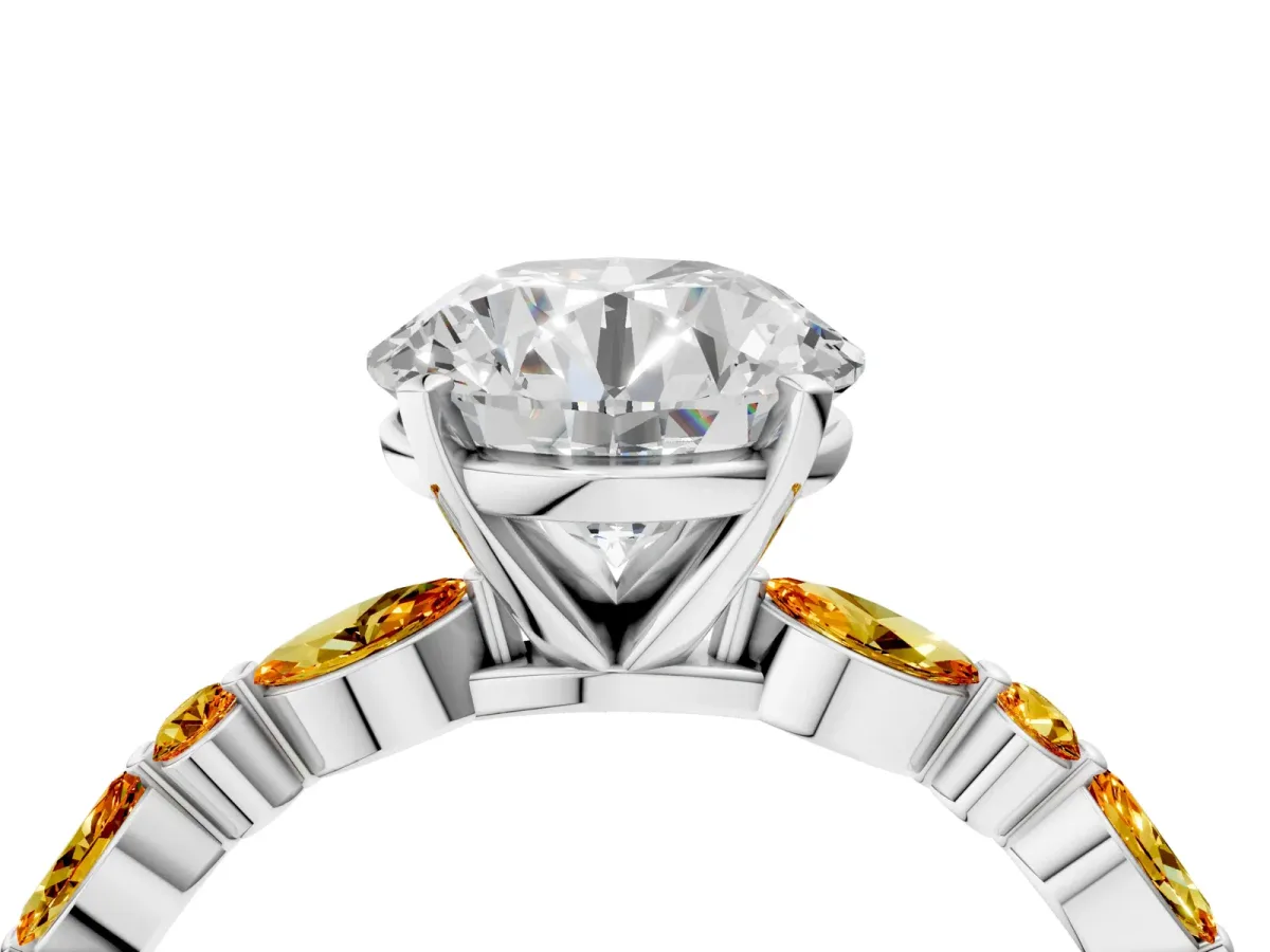 Round Cut Diamond Ring with Marquise and Round Citrine Side Stones and Four-Prong Setting Silver
