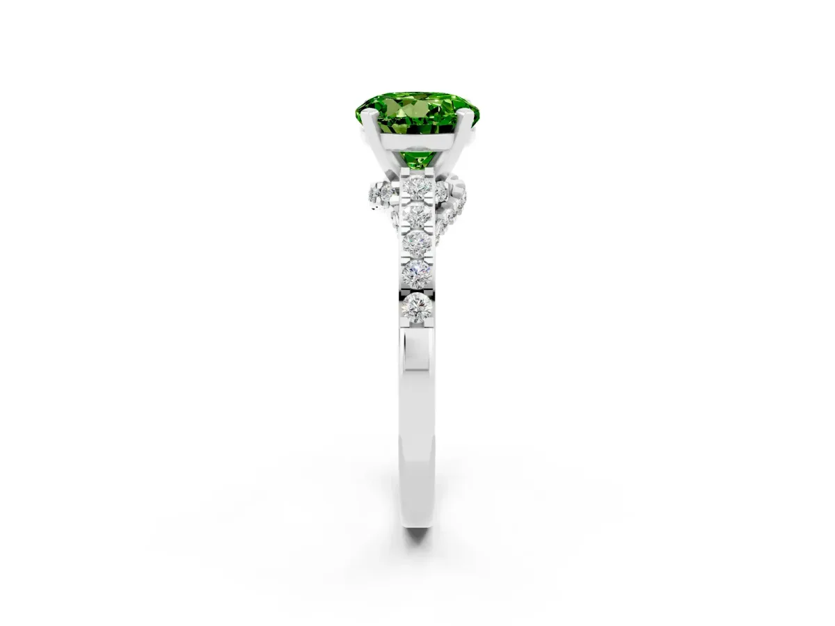 Round Cut Peridot Solitaire Ring with Crossover Gallery and Round Pavé Band Silver