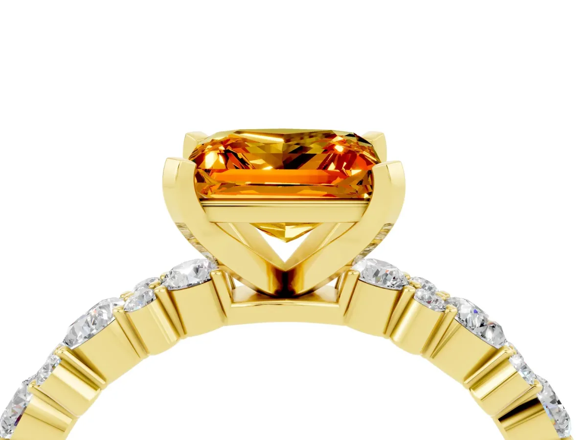 Princess Cut Citrine Side Stone Solitaire Ring with Round and Four-Prong Setting Yellow gold