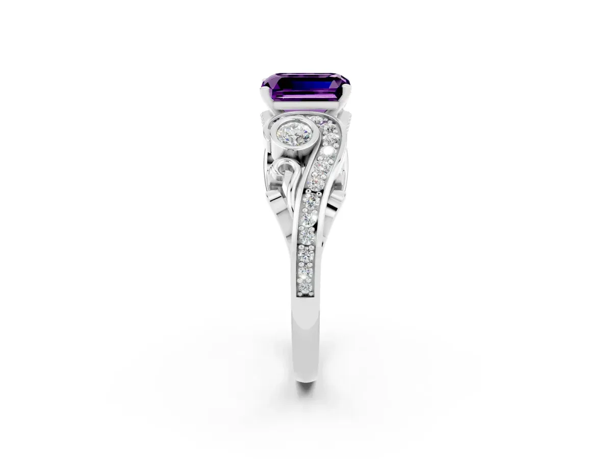 Emerald Cut Amethyst Solitaire Ring with Milgrain Pavé Band and Four-Prong Setting Silver