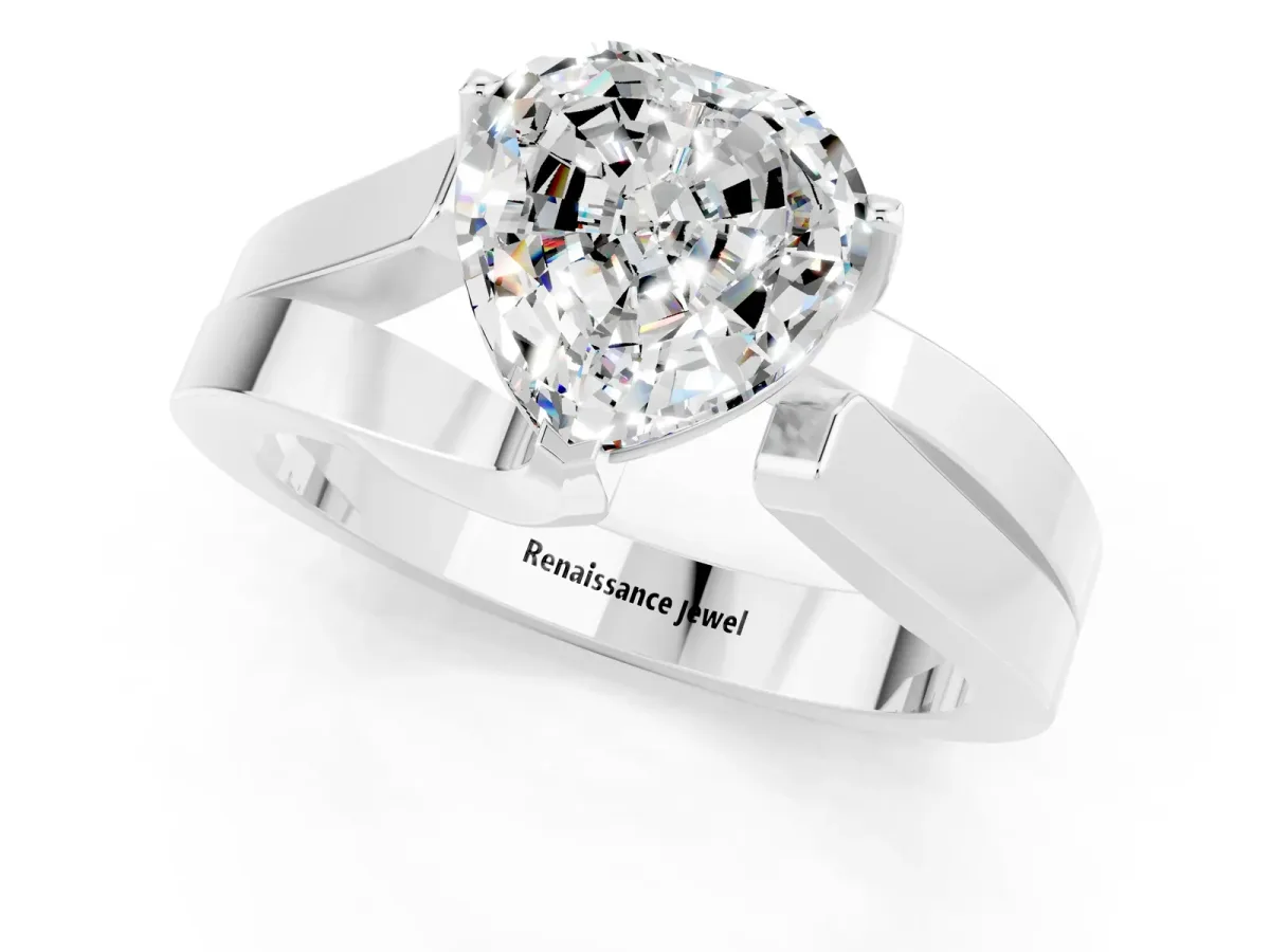 Modern Tension Set Heart Cut Moissanite Solitaire Wide Band Ring Silver