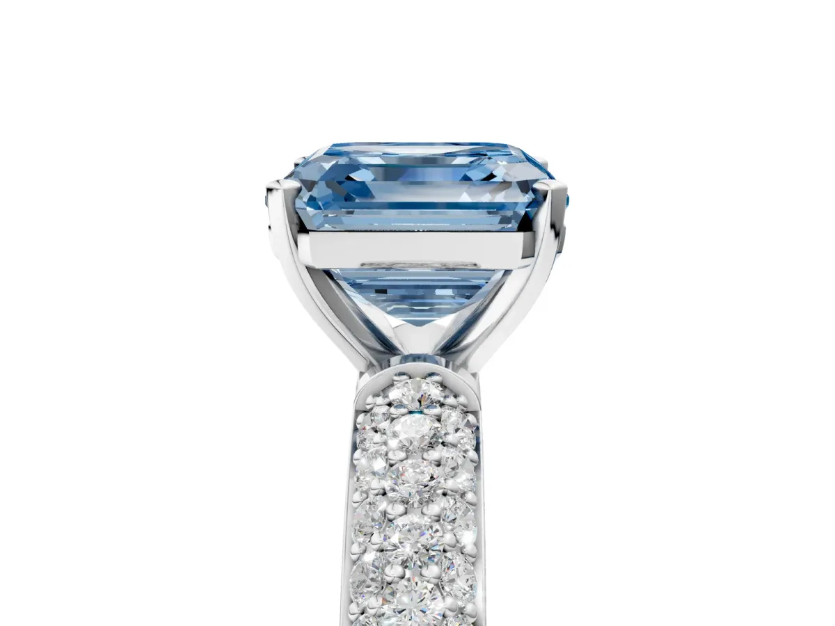Fancy Blue Asscher Cut Diamond Solitaire Ring with Prong Setting and Pavé Band Platinum