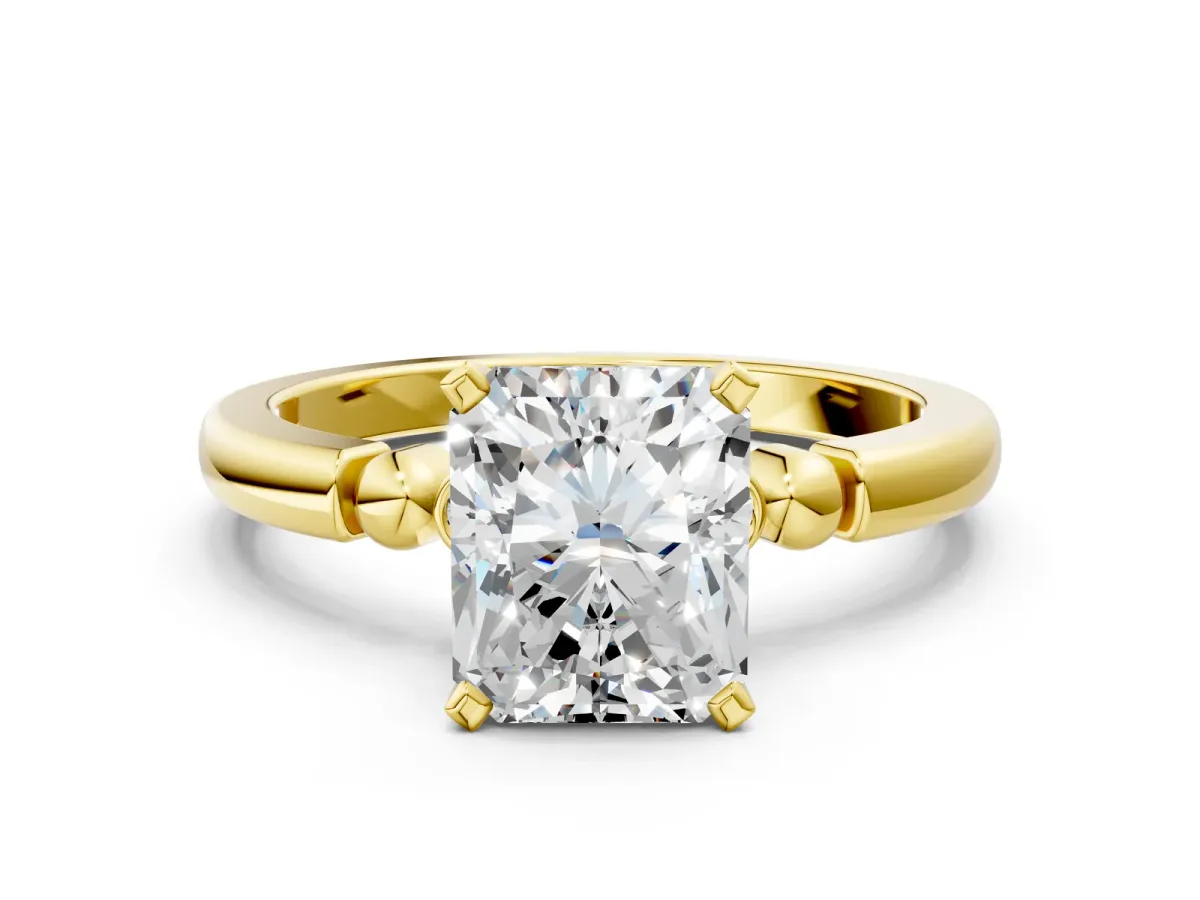 Radiant Cut Solitaire Beaded Band with Four-Prong Setting Yellow gold