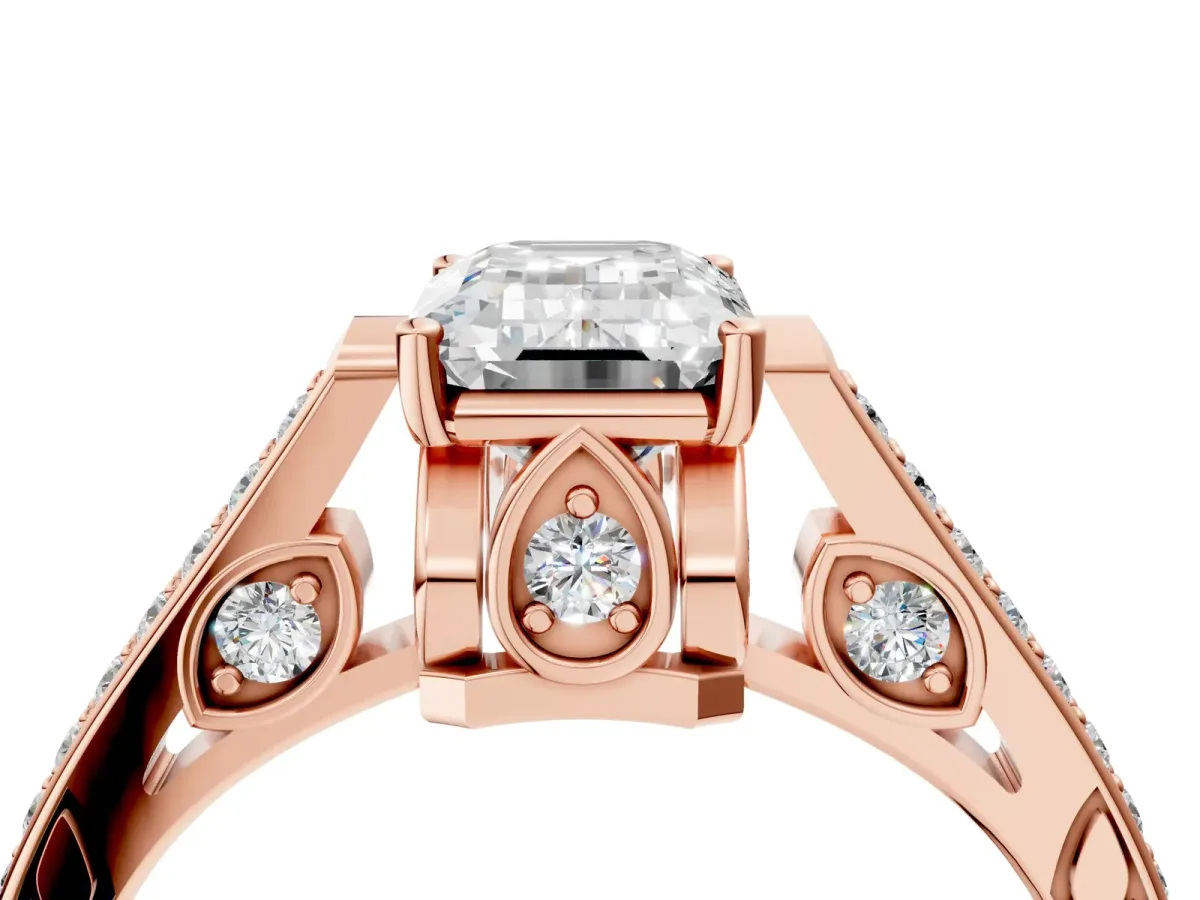 Emerald Cut Cut Cathedral Pave Diamond Engagement Ring with Six-Prong Setting Rose gold