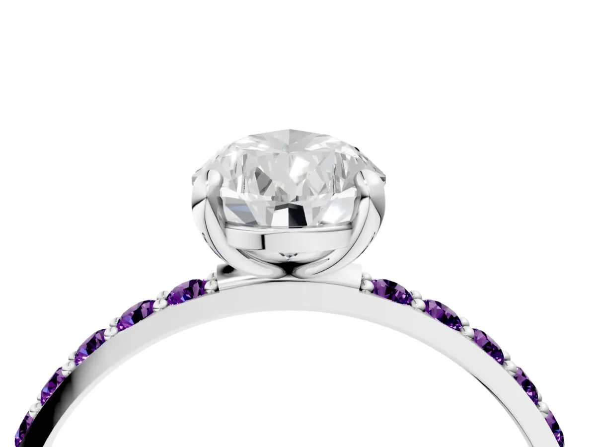 Pear Cut Diamond Solitaire Ring with Round Amethyst Pavé Band and Prong Setting Silver