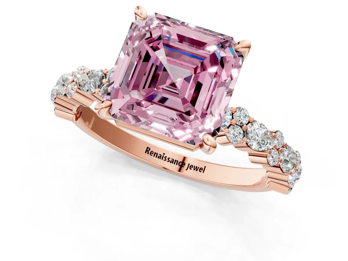 Fancy Pink Asscher Cut Diamond Side Stone Solitaire Ring with Round and Four-Prong Setting Rose gold