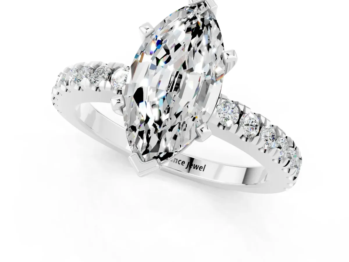 Marquise Cut Solitaire Moissanite with Pavé Band and Four-Prong Setting Silver