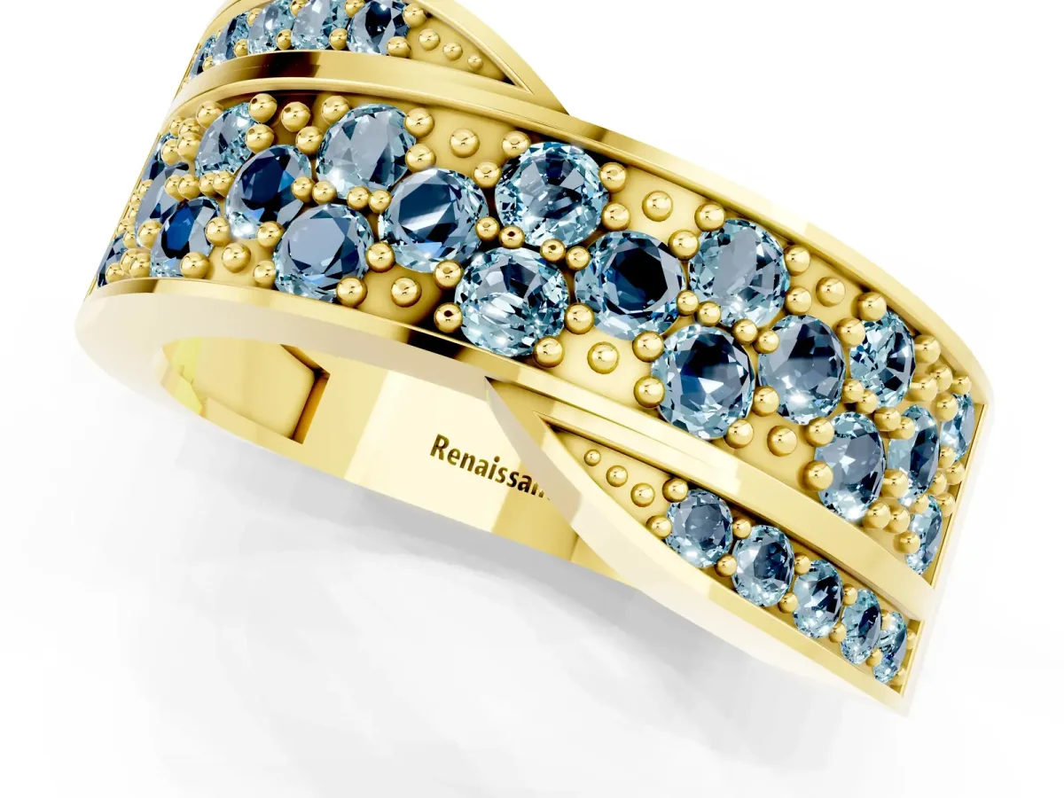 Pavé Round Aquamarine Crossover Band with Bead Prong Setting Yellow gold