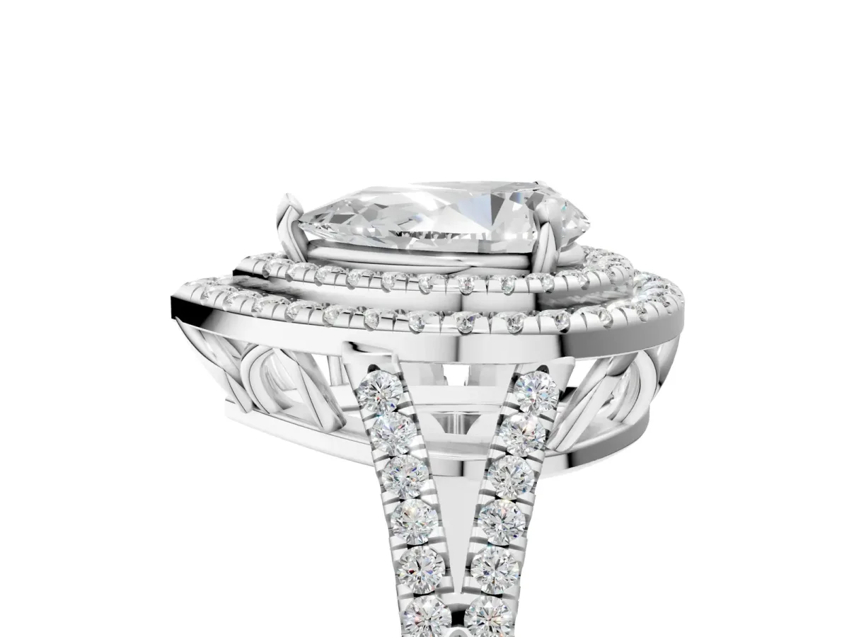 Pear Cut Diamond Double Halo Ring with Pavé Band and Prong Setting Silver
