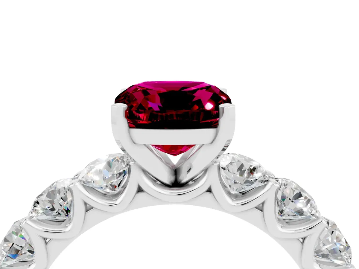 Cushion Cut Garnet Prong Setting with Side Stones on a Pave Band Platinum