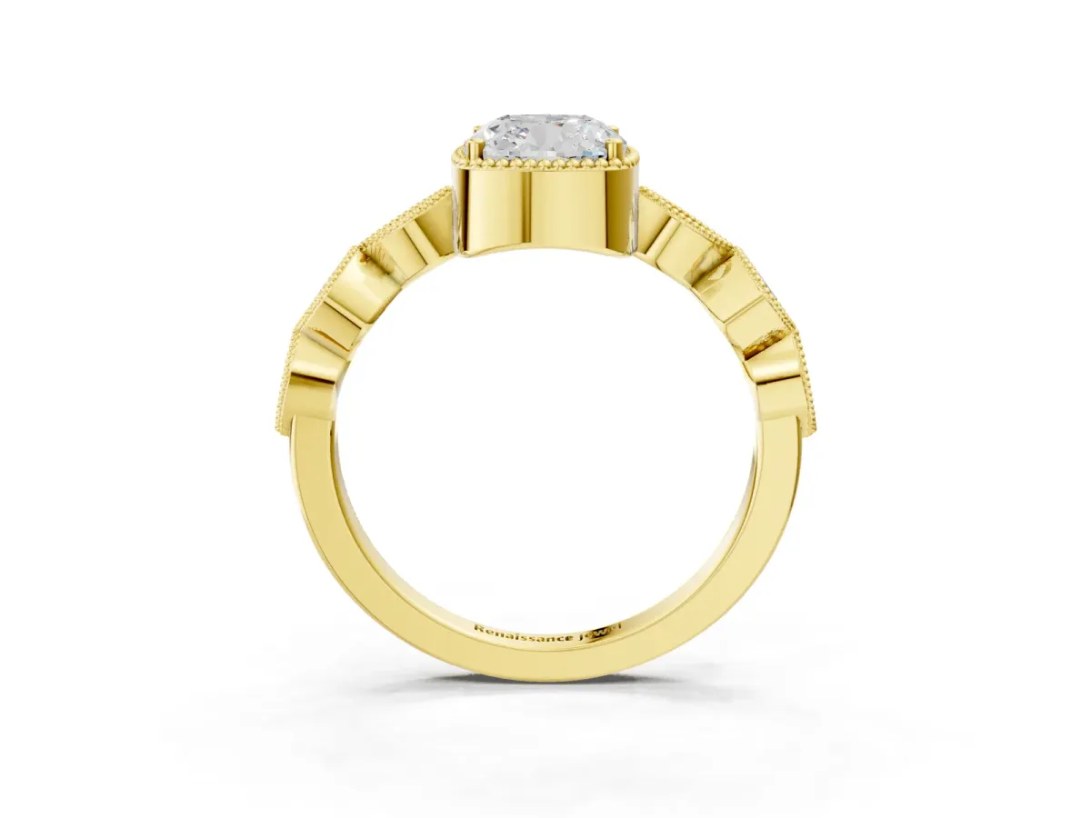 Cushion Cut Diamond Vintage Milgrain Ring with Round Stations Yellow gold