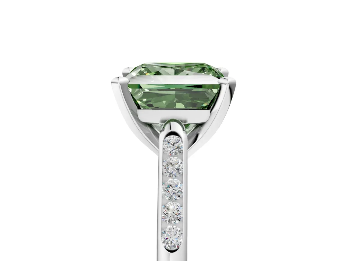 Fancy Green Princess Cut Diamond Solitaire Ring with Channel Set Round Band and Prong Setting Silver