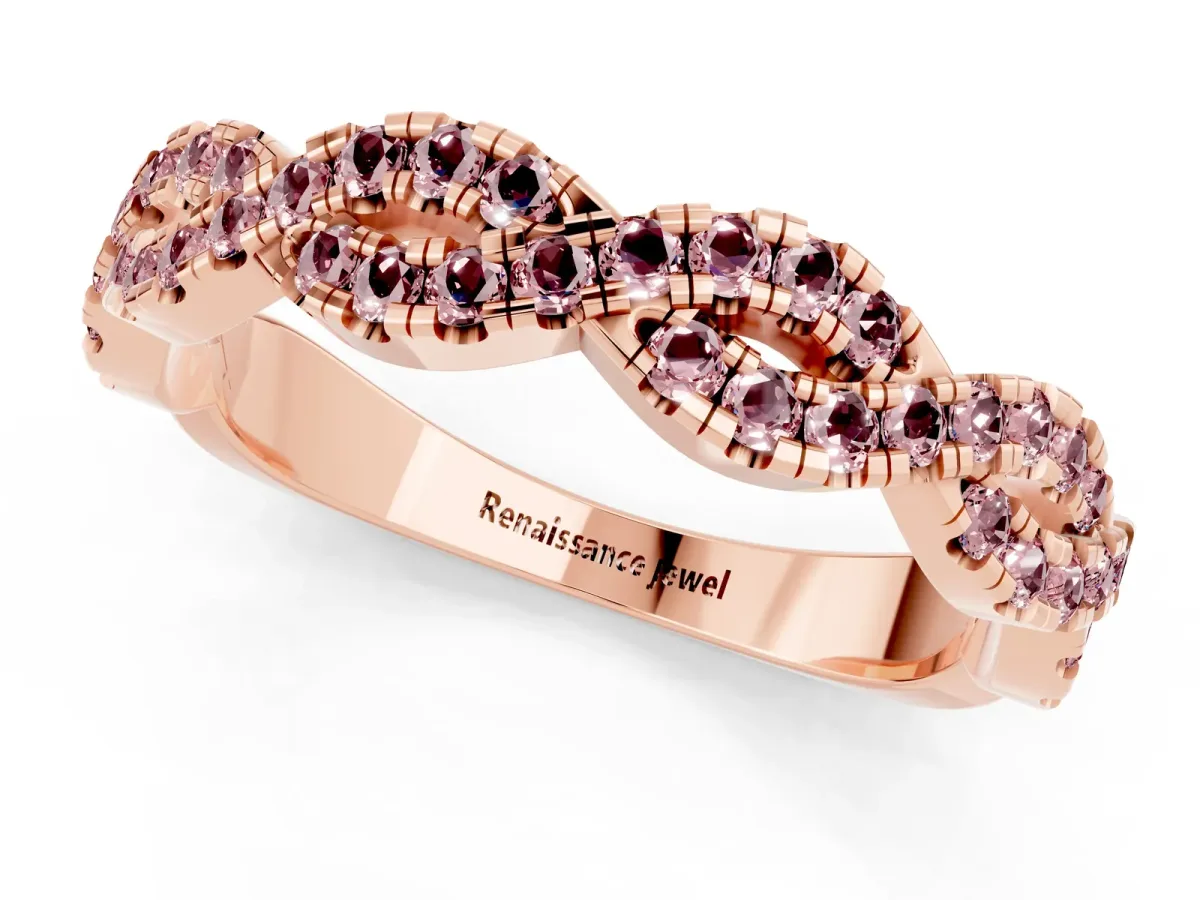 Round Morganite Twisted Eternity Band with Pavé and Shared Prong Setting Rose gold