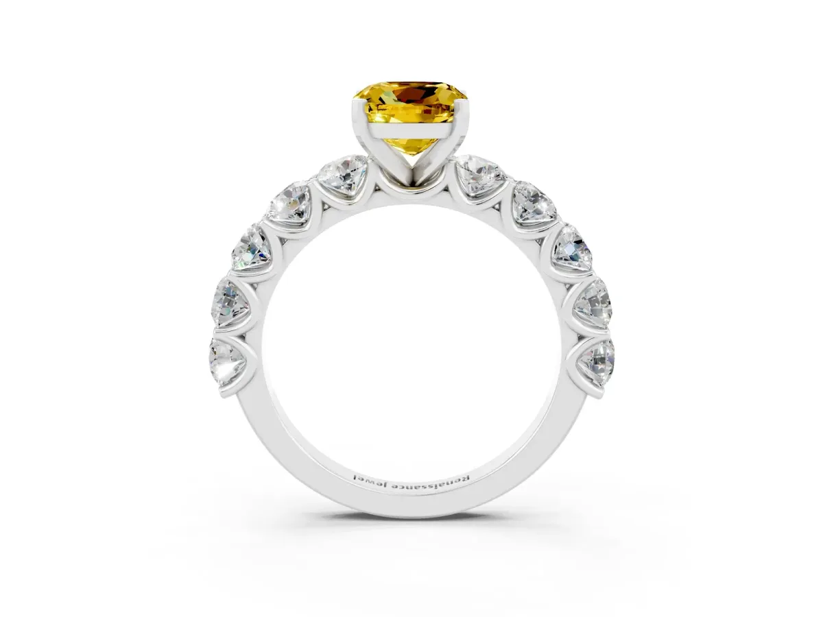 Cushion Cut Yellow Sapphire Prong Setting with Side Stones on a Pave Band Silver