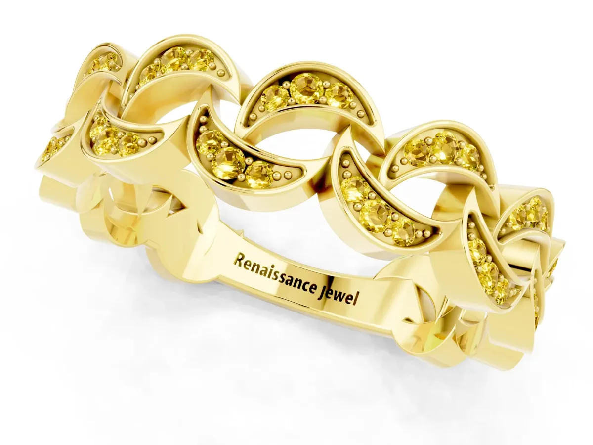 Pavé Round Yellow Sapphire Interlocking Eternity Band with Bezel Prong Setting Yellow gold