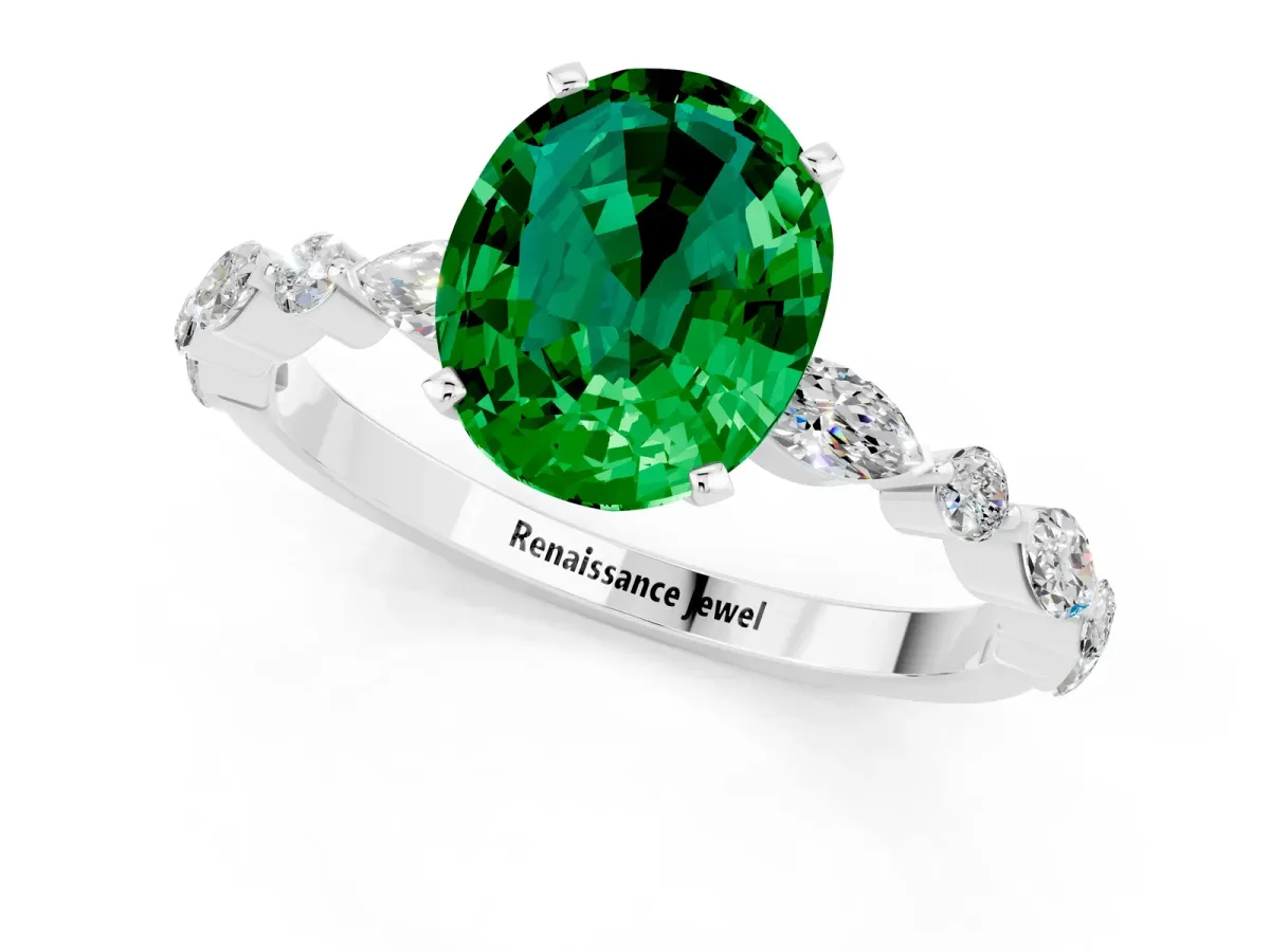 Oval Cut Emerald Ring with Marquise and Round Side Stones and Four-Prong Setting Silver