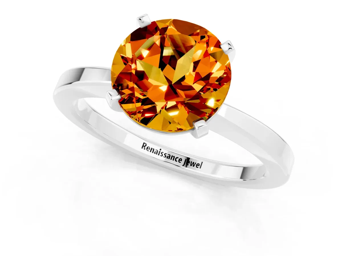 Round Cut Citrine Solitaire Engagement Ring with Classic Band and Four-Prong Setting Silver