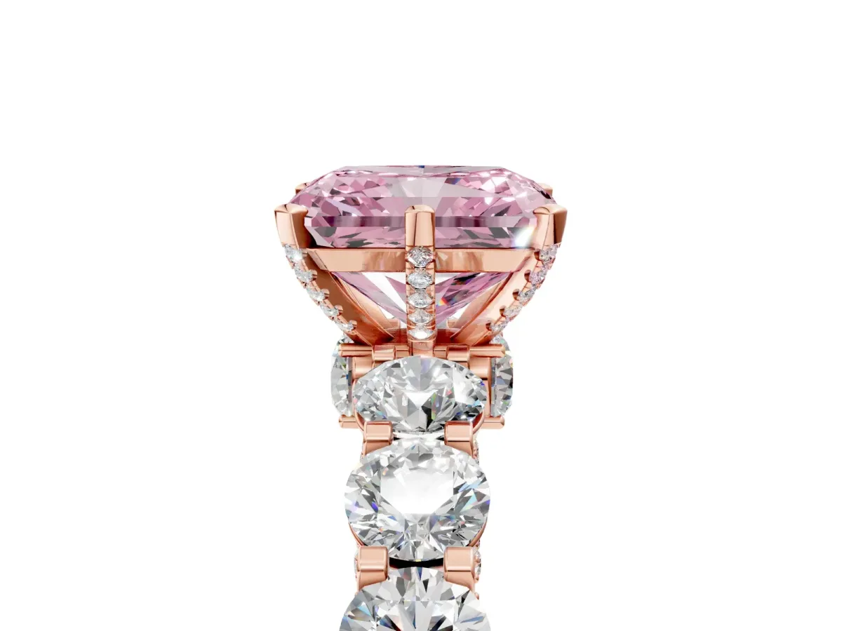 Fancy Pink Radiant Cut Diamond Side Stone Engagement Ring with Four-Prong Setting Rose gold