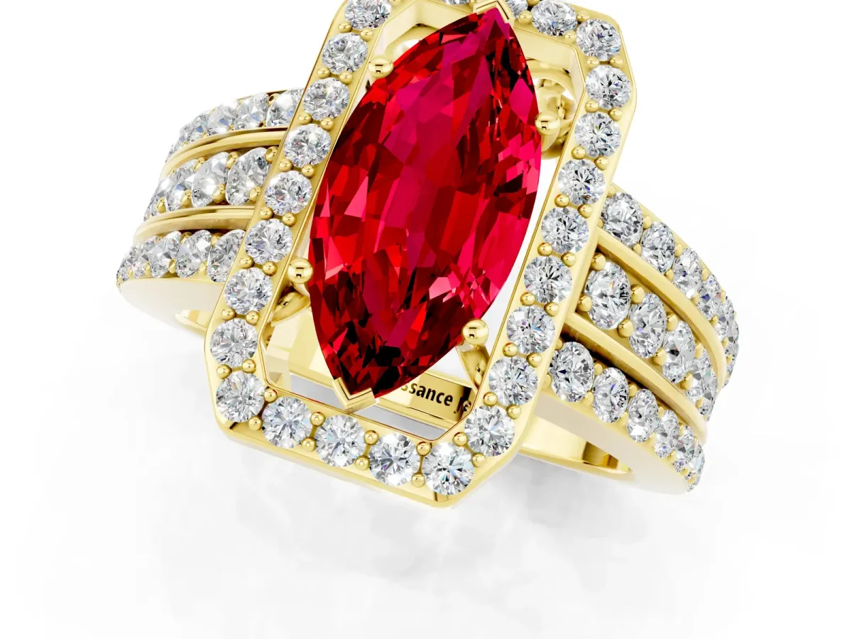 Marquise Cut Halo Ruby Ring with Round Split Shank and Prong Setting Yellow gold
