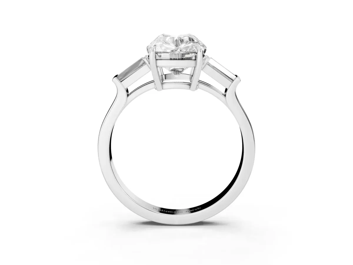 Old Mine Elongated Cushion Diamond with Side Tapered Baguette Three Stone Ring Silver