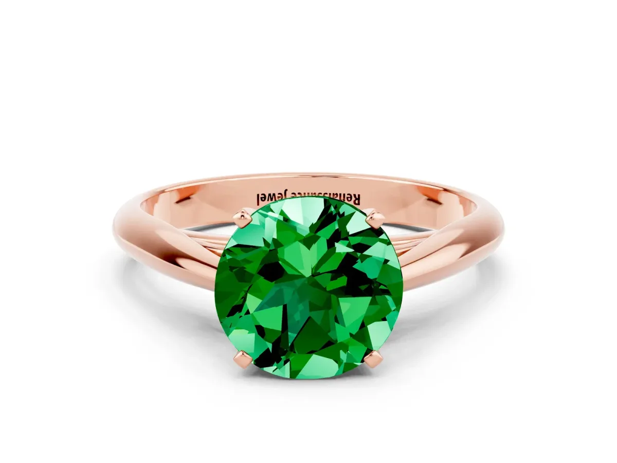 Round Cut Emerald Solitaire Engagement Ring with Cathedral Setting and Four-Prong Mount Rose gold