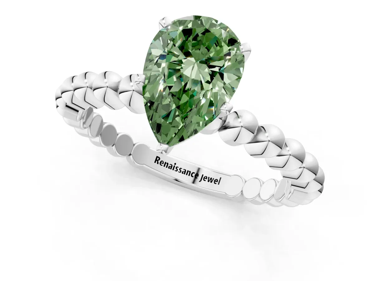 Fancy Green Pear Cut Diamond Solitaire Ring with Beaded Band and Prong Setting Platinum