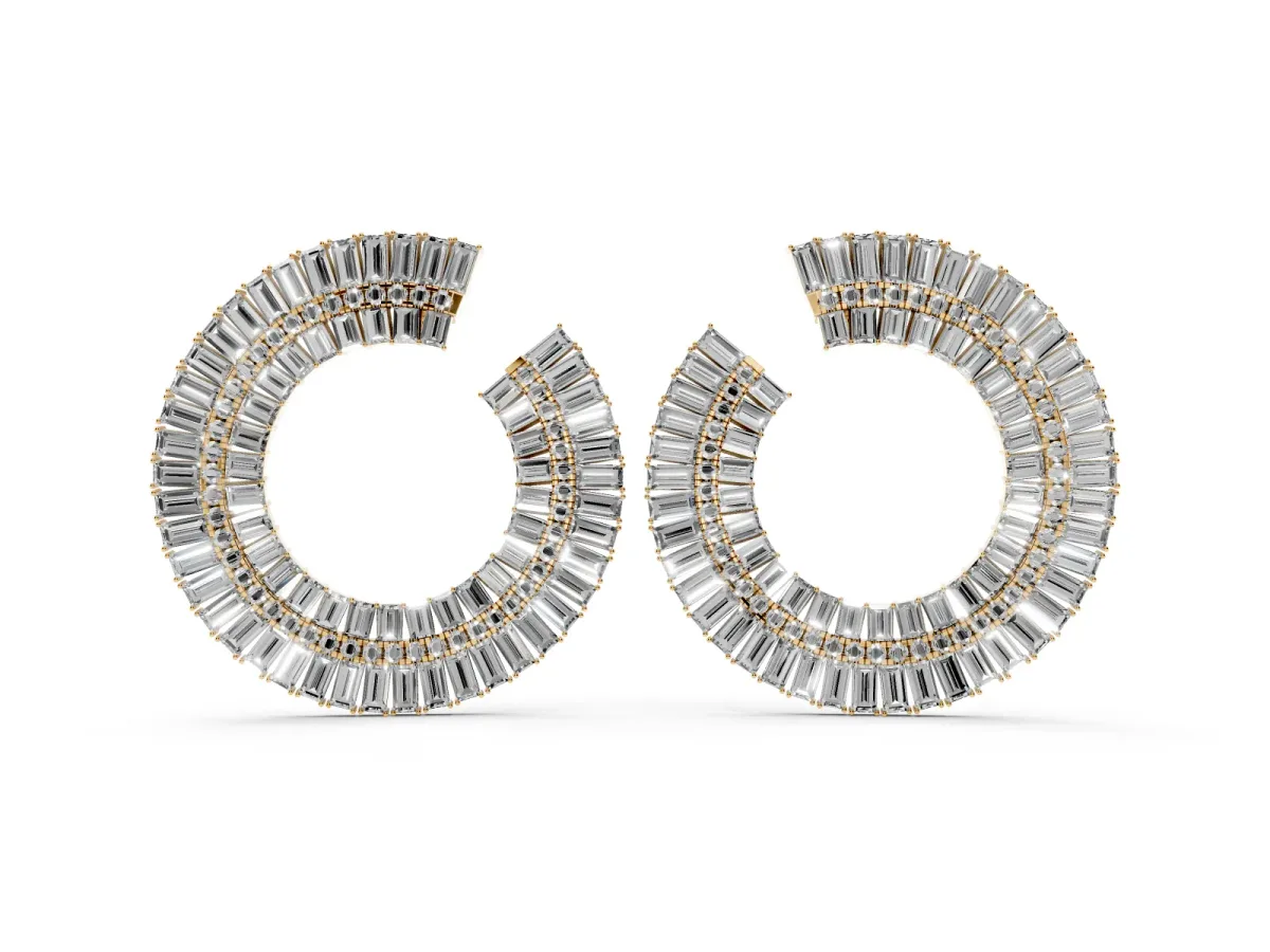Baguette and Round Diamond Fanned Hoop Earrings Yellow gold
