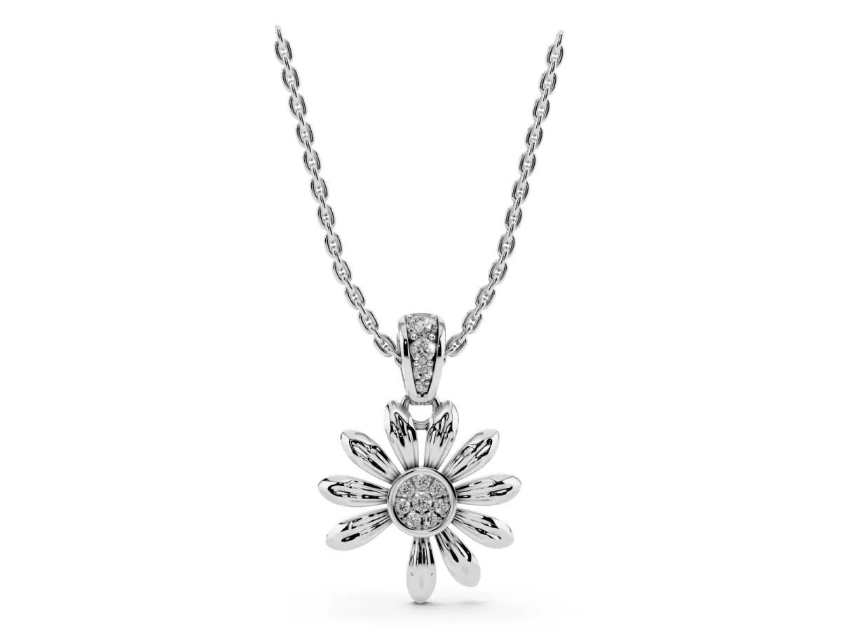 Round Diamond Daisy Flower Pendant with Diamond Accents Silver