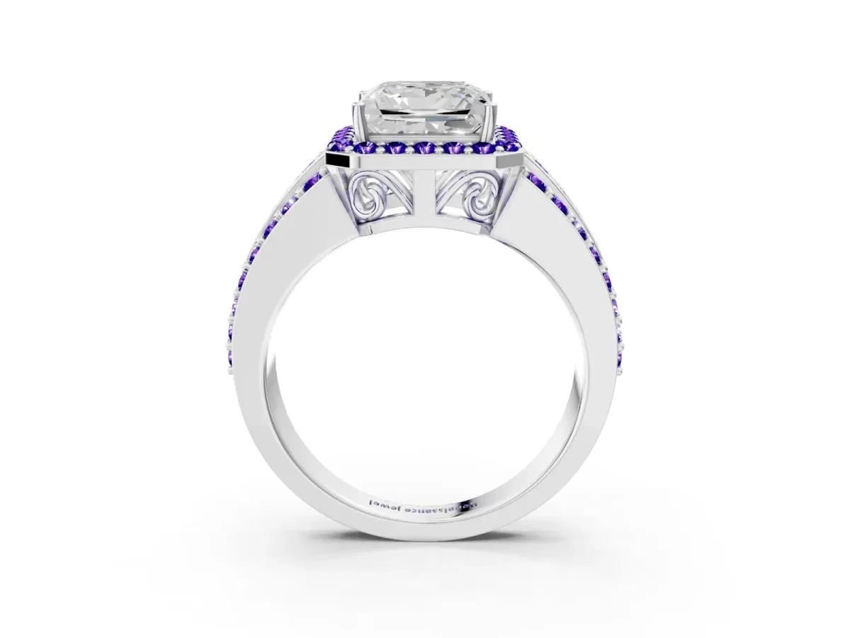 Princess Cut Halo Diamond Ring with Round Tanzanite Split Shank and Prong Setting Silver