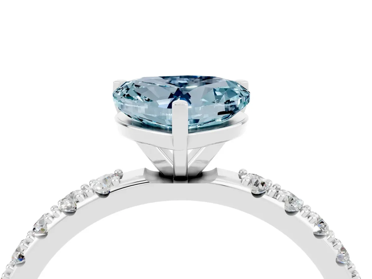 Heart Cut Aquamarine Solitaire Pavé Band with Four-Prong Setting Silver