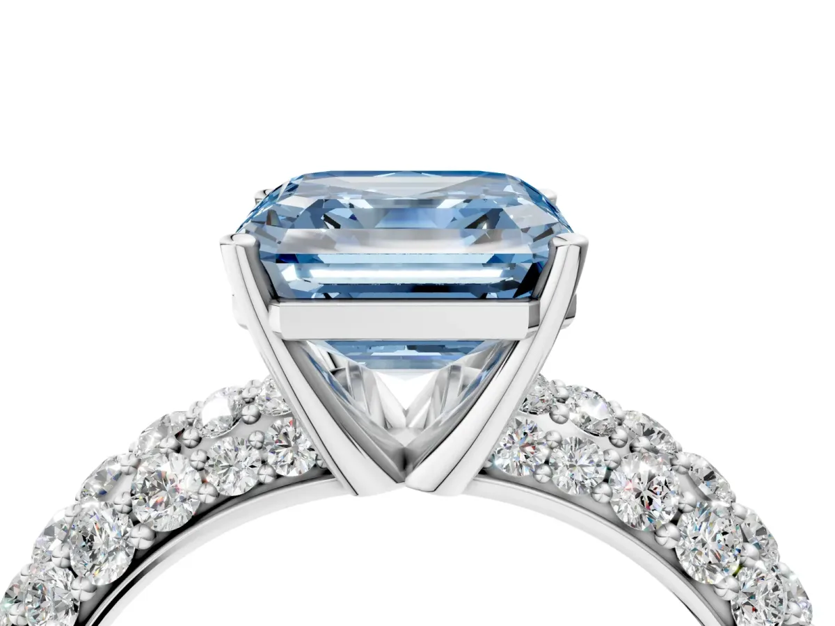 Fancy Blue Asscher Cut Diamond Pavé Band Solitaire Ring with Four-Prong Setting Platinum