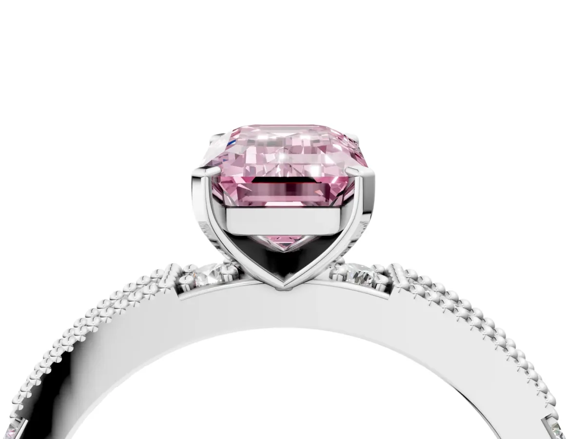 Fancy Pink Emerald Cut Solitaire with Pavé Band and Four-Prong Setting Silver