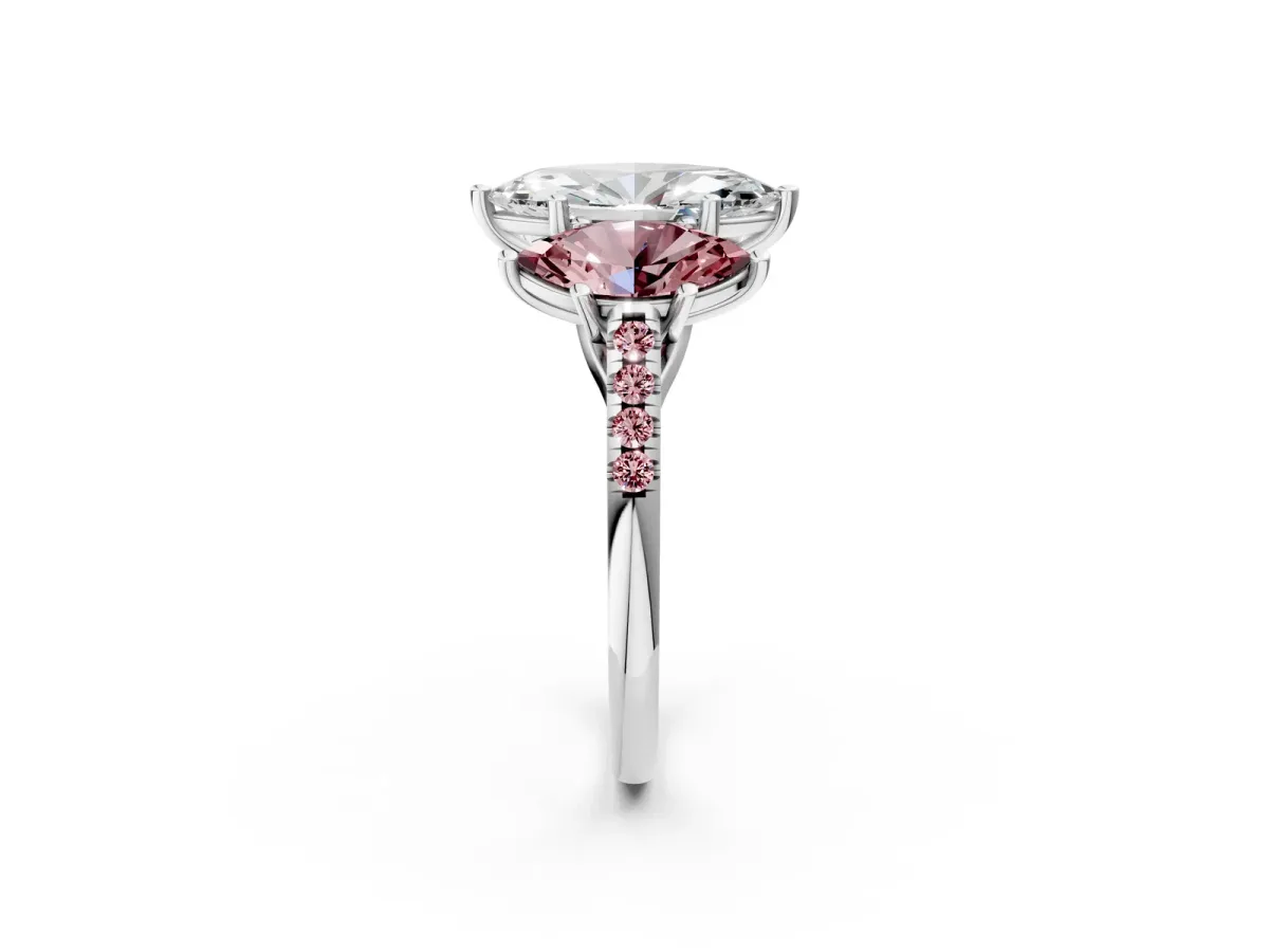 Three-Stone Marquise Cut Diamond Ring with Round Morganite Pavé Band and Prong Setting Silver