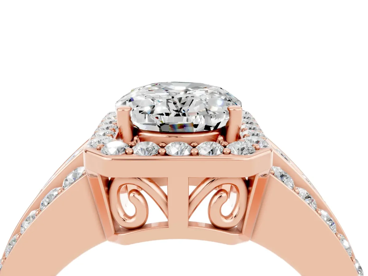 Oval Cut Halo Moissanite Ring with Round Split Shank and Prong Setting Rose gold